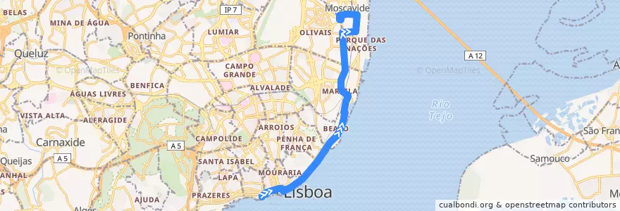 Mapa del recorrido Bus 782: Cais do Sodré → Moscavide - Praça José Queirós de la línea  en 포르투갈.