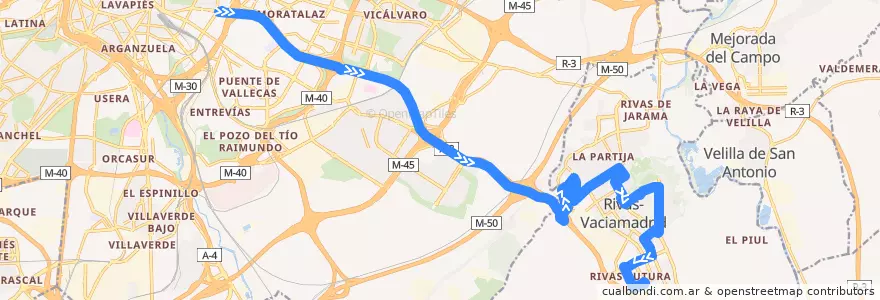 Mapa del recorrido Bus 331: Madrid (Conde de Casal) → Rivas (Sta. Mónica) → Rivas Futura de la línea  en Comunidade de Madrid.