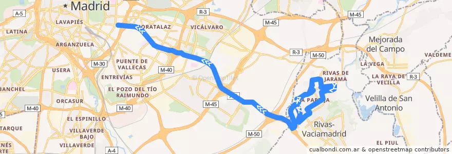 Mapa del recorrido Bus 333: Rivas-Urb. (Covibar II) → Madrid (Conde de Casal) de la línea  en マドリード州.