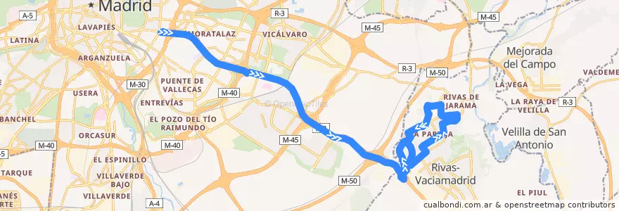 Mapa del recorrido Bus 333: Madrid (Conde de Casal) → Rivas-Urb. (Covibar II) de la línea  en منطقة مدريد.