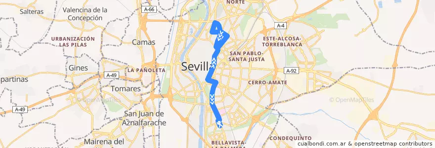 Mapa del recorrido 01 Polígono Norte - Glorieta Plus Ultra de la línea  en Sevilla.