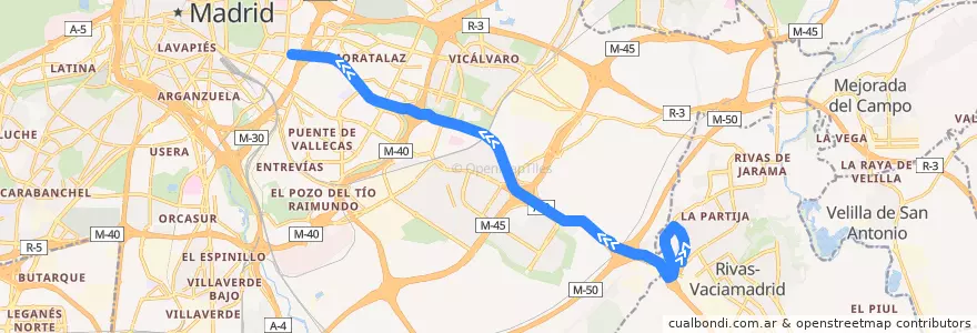 Mapa del recorrido Bus 334: Rivas Pueblo → Rivas Urbanizaciones → Madrid (Conde de Casal) de la línea  en بخش خودمختار مادرید.