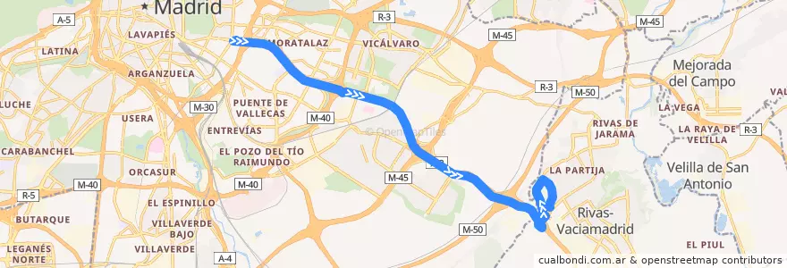 Mapa del recorrido Bus 334: Madrid (Conde de Casal) → Rivas Urbanizaciones → Rivas Pueblo de la línea  en منطقة مدريد.