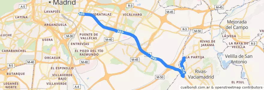 Mapa del recorrido Bus N301: Madrid (Conde de Casal) → Rivas Urbanizaciones de la línea  en Мадрид.