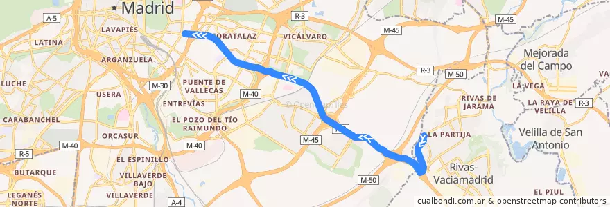 Mapa del recorrido Bus N301: Rivas Urbanizaciones → Madrid (Conde de Casal) de la línea  en Madrid.