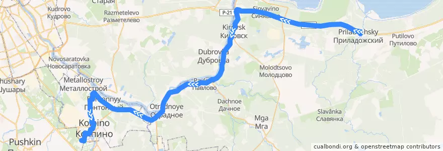 Mapa del recorrido Автобус № 475А: Приладожский => Колпино, Заводской проспект de la línea  en Ленинградская область.