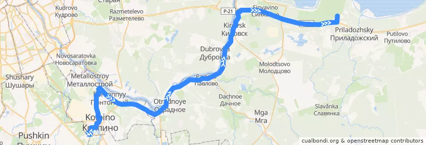 Mapa del recorrido Автобус № 475: Колпино, Заводской проспект => садоводство "Восход - 1" de la línea  en Óblast de Leningrado.
