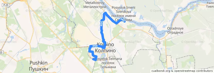 Mapa del recorrido Автобус № 336: Понтонный, Шлиссельбургское шоссе => Колпино, Заводской проспект de la línea  en Колпинский район.