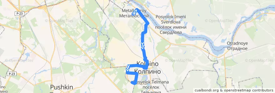 Mapa del recorrido Автобус № 337а: Металлострой, Центральная улица => Колпино, Заводской проспект de la línea  en Колпинский район.