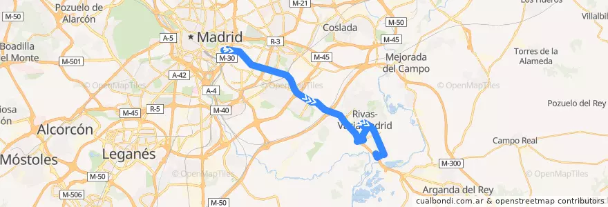 Mapa del recorrido Bus 332: Madrid (Conde de Casal) → Rivas Pueblo de la línea  en Comunidade de Madrid.