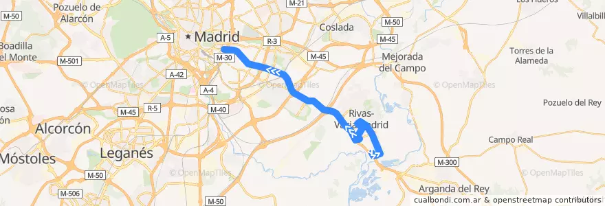 Mapa del recorrido Bus 332: Rivas Pueblo → Madrid (Conde de Casal) de la línea  en منطقة مدريد.