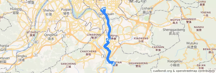 Mapa del recorrido 新北市 綠13 青潭-公館 (往公館) de la línea  en Neu-Taipeh.