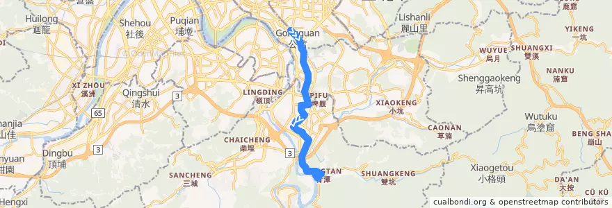 Mapa del recorrido 新北市 綠13 青潭-公館 (往青潭) de la línea  en Новый Тайбэй.