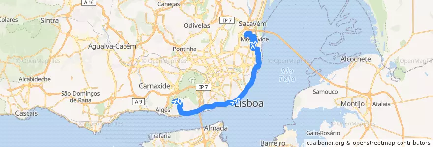 Mapa del recorrido Bus 728: Restelo - Avenida das Descobertas → Portela - Avenida dos Descobrimentos de la línea  en Grande Lisboa.