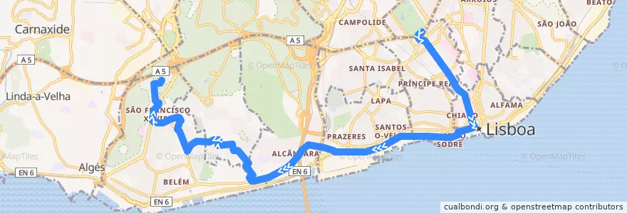 Mapa del recorrido Bus 732: Marquês de Pombal → Caselas de la línea  en Grande Lisboa.