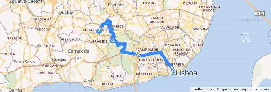 Mapa del recorrido Bus 711: Terreiro do Paço → Alto da Damaia de la línea  en Grande Lisboa.