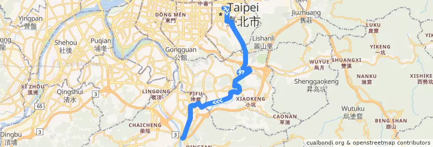 Mapa del recorrido 臺北市 綠1 (G1) 捷運市政府站-捷運新店站(返程) de la línea  en Новый Тайбэй.