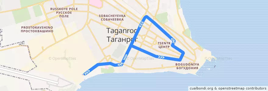 Mapa del recorrido Трамвай 8: площадь Авиаторов => ТРТУ => площадь Авиаторов (кольцевой, против часовой стрелки) de la línea  en Stadtkreis Taganrog.