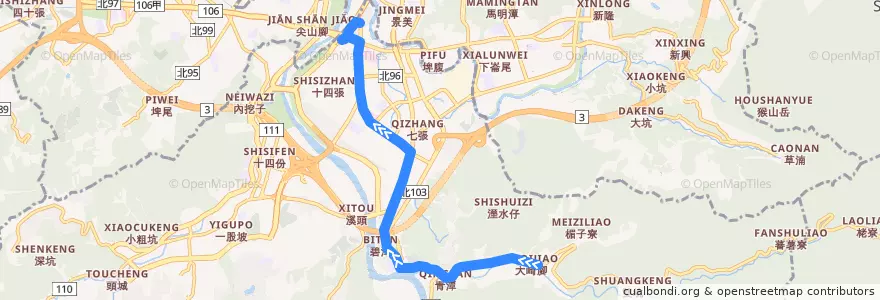 Mapa del recorrido 新北市 綠5 (G5) 大崎腳-大鵬華城 (往程) de la línea  en Distretto di Xindian.