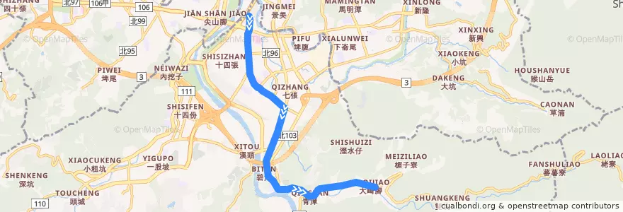 Mapa del recorrido 新北市 綠5 (G5) 大鵬華城-大崎腳 (返程) de la línea  en Xindian District.
