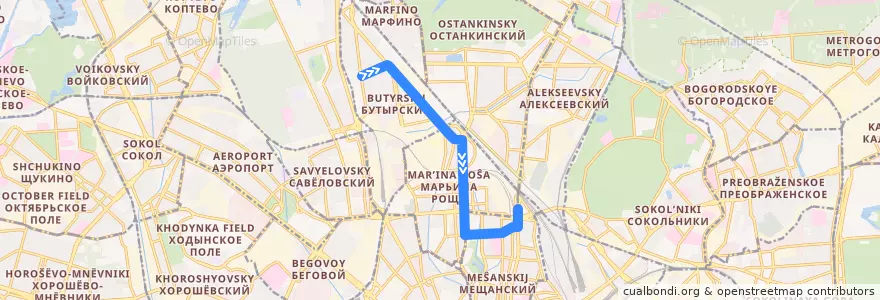 Mapa del recorrido Автобус 19: Метро «Тимирязевская» => Рижский вокзал de la línea  en Moscow.