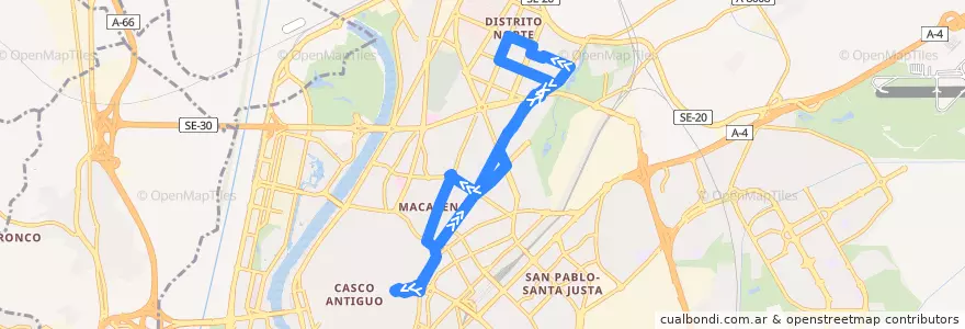 Mapa del recorrido 12 Ponce de León - Pino Montano de la línea  en Sevilla.