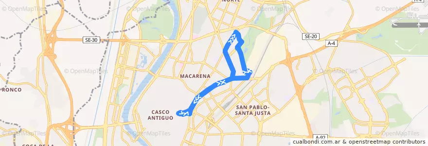 Mapa del recorrido 15 Ponce de León - San Diego de la línea  en Séville.