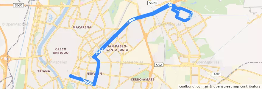 Mapa del recorrido 28 Prado de San Sebastián - Parque Alcosa de la línea  en Sevilla.