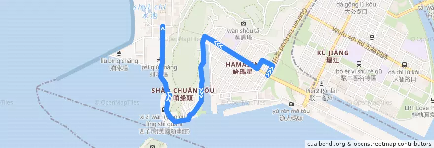 Mapa del recorrido 橘1A(往程) de la línea  en 鼓山区.