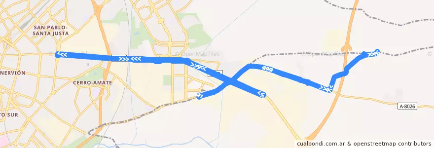 Mapa del recorrido 53 Los Arcos - Centro Penitenciario de la línea  en Sevilla.
