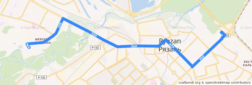 Mapa del recorrido Автобус №15: посёлок Мервино - ТЦ Круиз de la línea  en городской округ Рязань.