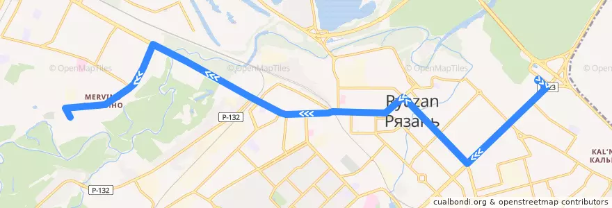 Mapa del recorrido Автобус №15: ТЦ Круиз — полсёлок Мервино de la línea  en городской округ Рязань.