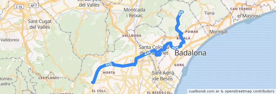 Mapa del recorrido M19 BADALONA (H. CAN RUTI) - BARCELONA (H. VALL D'HEBRON de la línea  en Barcelonès.