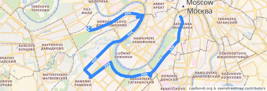 Mapa del recorrido Автобус Т7: Метро «Парк Победы» — Кинотеатр «Ударник» de la línea  en Москва.