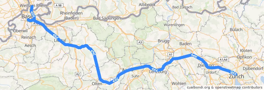 Mapa del recorrido EC 8: Zürich => Hamburg de la línea  en Svizzera.