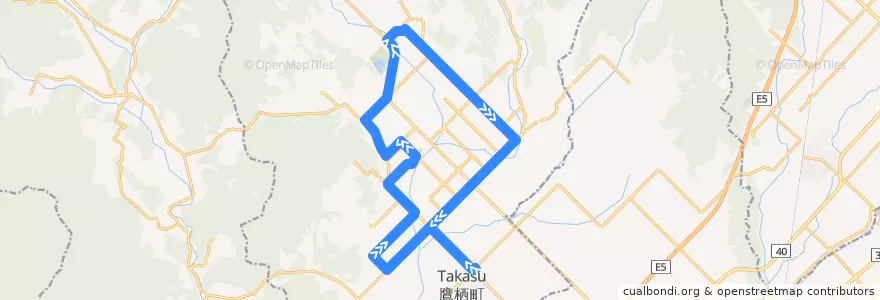 Mapa del recorrido 鷹栖循環線 (Takasu loop Line) de la línea  en 鷹栖町.