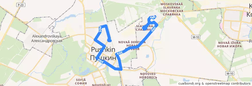 Mapa del recorrido Автобус № 375: Славянка, Ростовская улица => Пушкин, Железнодорожная улица de la línea  en Пушкинский район.