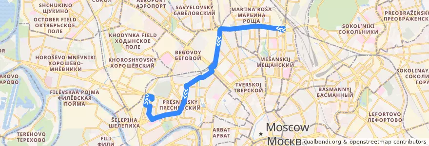 Mapa del recorrido Автобус т18: Рижский вокзал => Стрельбищенский переулок de la línea  en Москва.