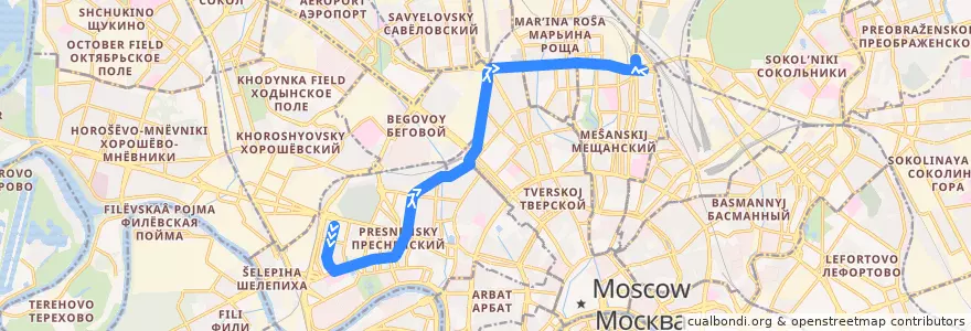 Mapa del recorrido Автобус т18: Стрельбищенский переулок => Рижский вокзал de la línea  en Москва.