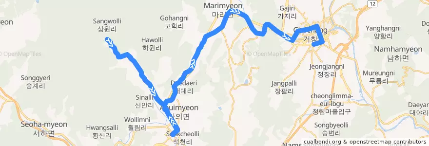 Mapa del recorrido 용추-거창 de la línea  en Кёнсан-Намдо.