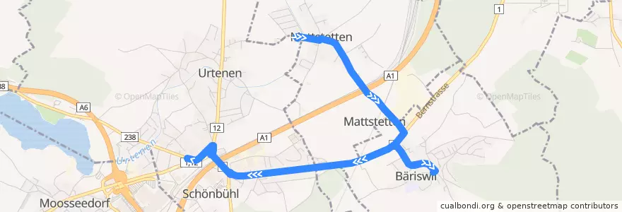 Mapa del recorrido Bus 38: Mattstetten => Bäriswil => Schönbühl RBS de la línea  en Verwaltungsregion Bern-Mittelland.
