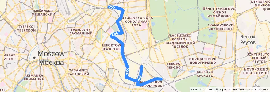 Mapa del recorrido Автобус 59: Электрозаводский мост - Карачарово de la línea  en Südöstlicher Verwaltungsbezirk.