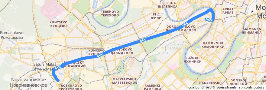 Mapa del recorrido Автобус 157: Киевский вокзал - Беловежская улица de la línea  en Западный административный округ.
