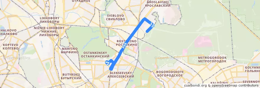 Mapa del recorrido Автобус 834: ВДНХ (южная) => Улица Красная Сосна de la línea  en Nordöstlicher Verwaltungsbezirk.