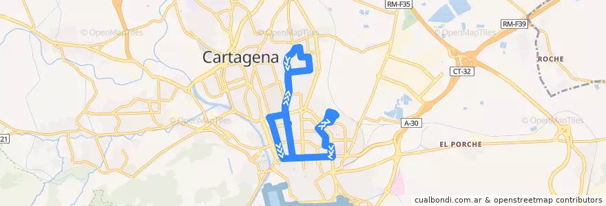 Mapa del recorrido Barrio de Peral - Bda. Virgen de la Caridad de la línea  en Cartagena.