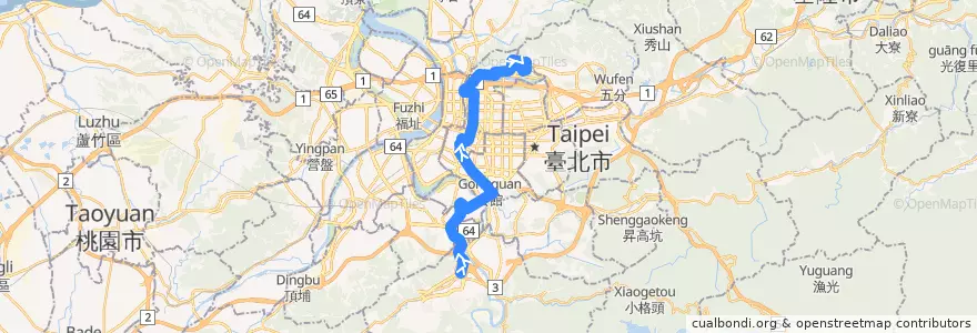 Mapa del recorrido 臺北市 208 中和-大直 (往程) de la línea  en 新北市.
