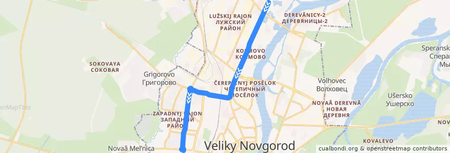 Mapa del recorrido Троллейбус №1: Троллейбусное депо - ПО "Элкон" de la línea  en Veliky Novgorod.