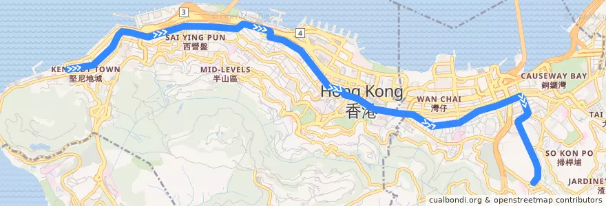 Mapa del recorrido 堅尼地城 → 跑馬地 Kennedy Town → Happy Valley de la línea  en Hong Kong Island.