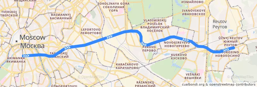 Mapa del recorrido Калининская линия: Третьяковская → Новокосино de la línea  en Moscou.