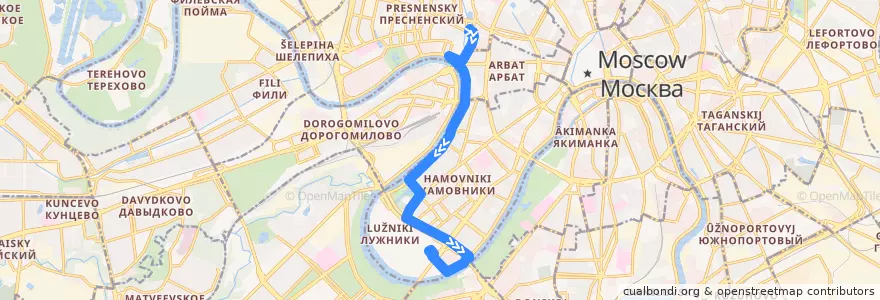 Mapa del recorrido Автобус 216: Метро "Краснопресненская" => Стадион "Лужники" (южная) de la línea  en Центральный административный округ.